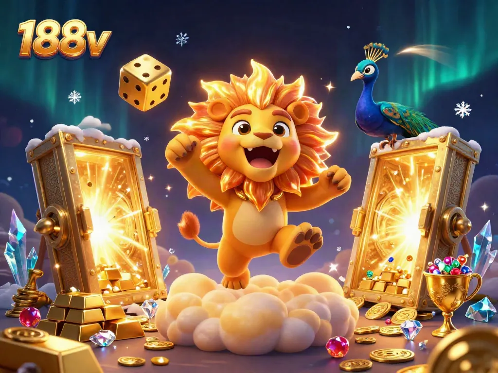 Experience the excitement at 188v with a vibrant 3D illustration of a majestic lion, golden dice, and treasure in a casino setting.