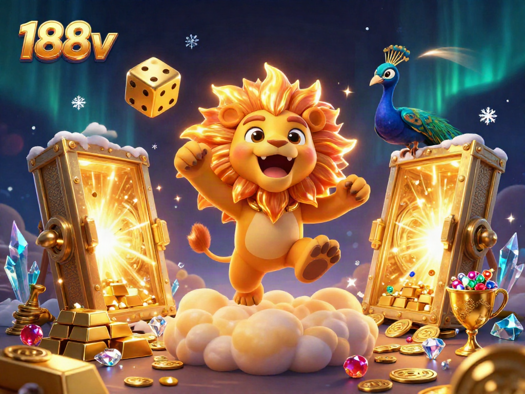 Experience the excitement at 188v with a vibrant 3D illustration of a majestic lion, golden dice, and treasure in a casino setting.