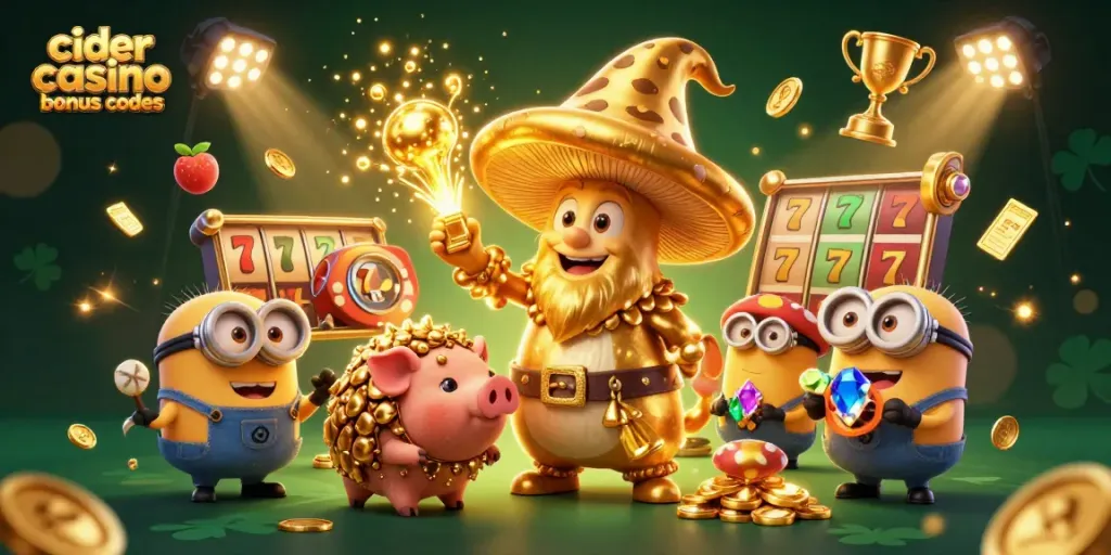 Experience big wins with cider casino bonus codes in this vibrant 3D illustration of a magical scene.