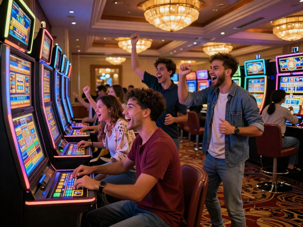 Excited players enjoying a slot gacor gaming experience in a vibrant casino.