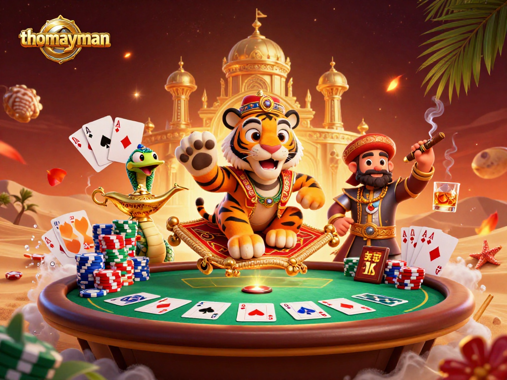 Engage in thrilling gameplay with thomayman, featuring a vibrant 3D casino scene of slot reels and dynamic elements.
