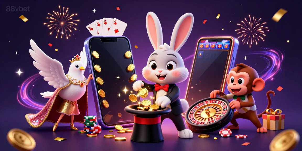 Engage in exhilarating fun with 88vbet's magical casino scene featuring vibrant characters and dynamic gaming elements.