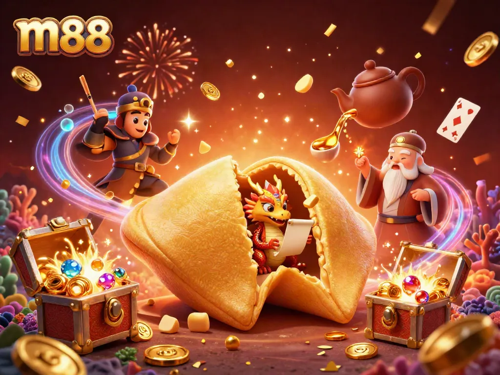 Engage with m88 in this vibrant 3D casino scene showcasing fortune cookies and gold treasures.
