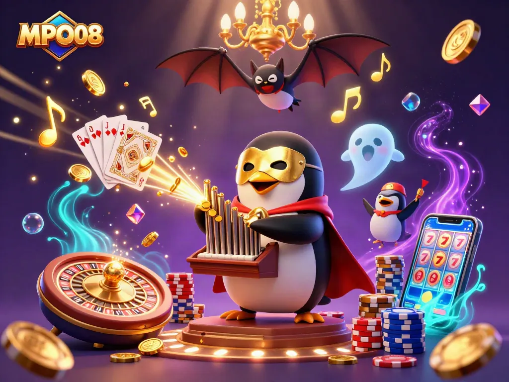MPO08 illuminates a vibrant casino scene with a penguin organist amidst gold coins and winning cards.