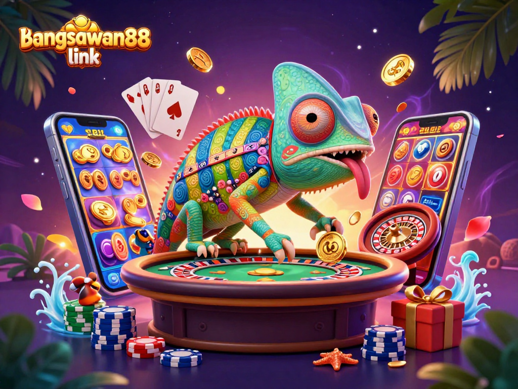 Engage with the bangsawan88 link as the chameleon casino owner collects golden coins amidst casino excitement.