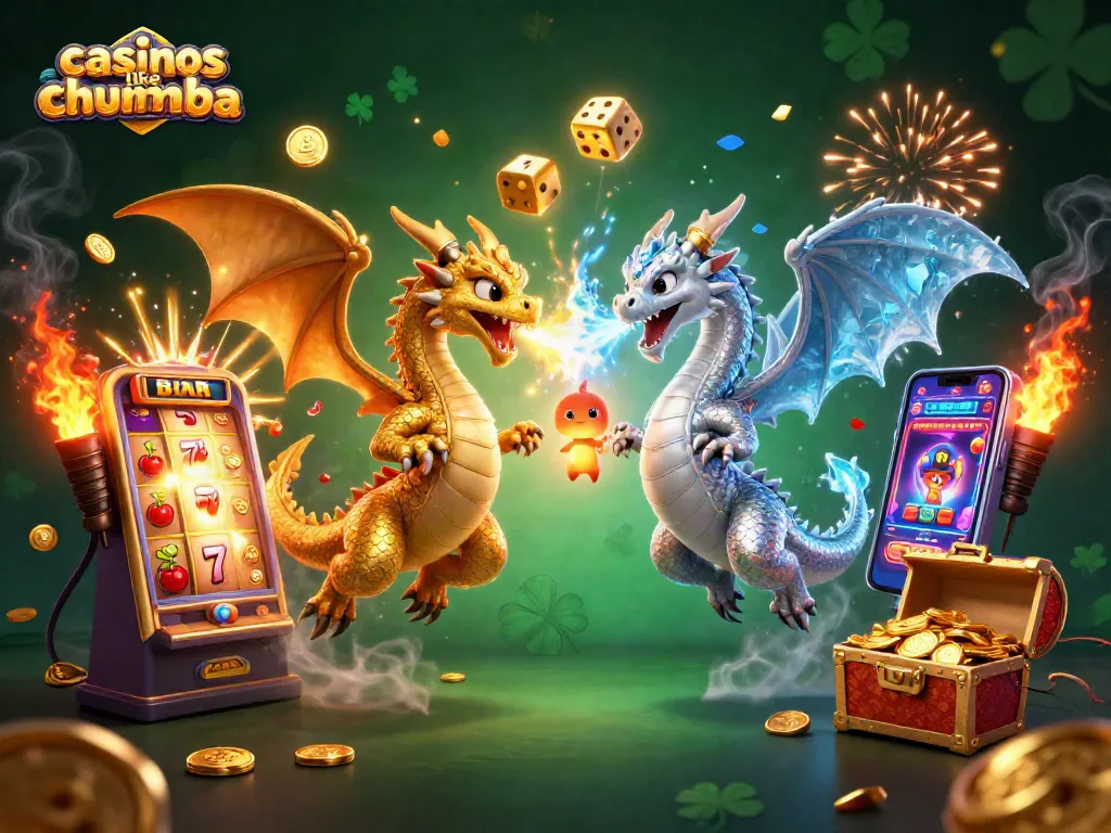 Play exciting games at casinos like Chumba, featuring vibrant dragons and dynamic slot elements.