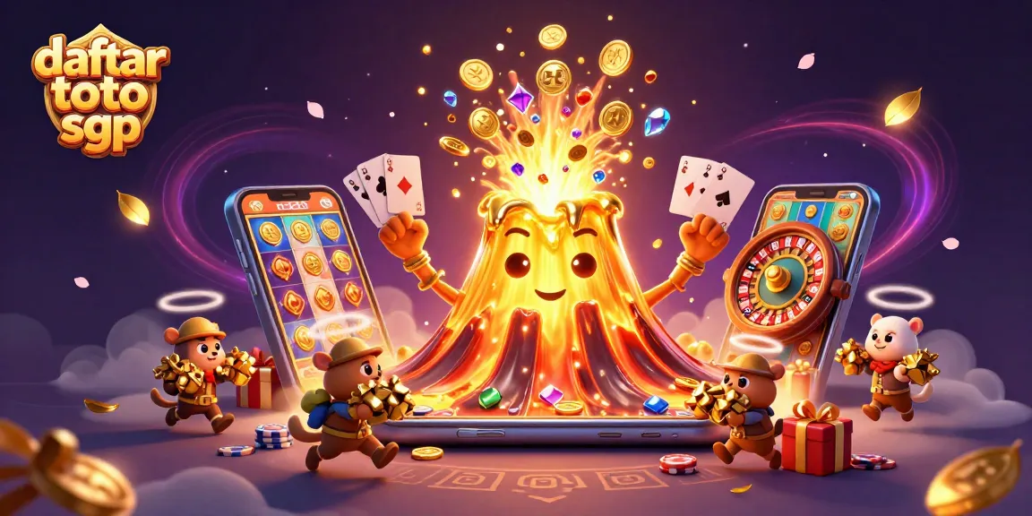 Experience the excitement of daftar toto sgp with a vibrant gaming scene featuring a golden volcano and treasure.