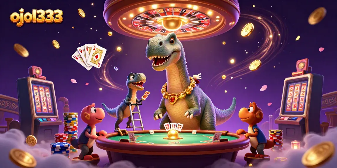 Experience dynamic gaming fun at ojol333 with an imaginative casino scene featuring playful dinosaur characters.