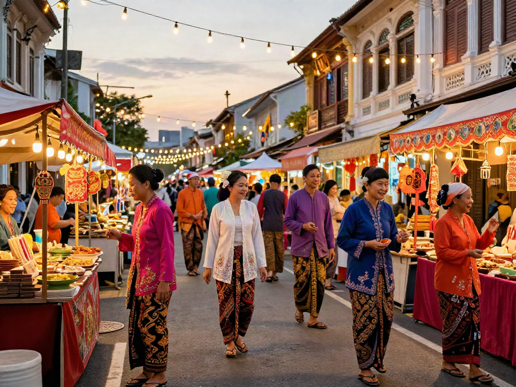 Nyonya4d cultural festival scene featuring traditional Peranakan attire, vibrant stalls, and festive atmosphere