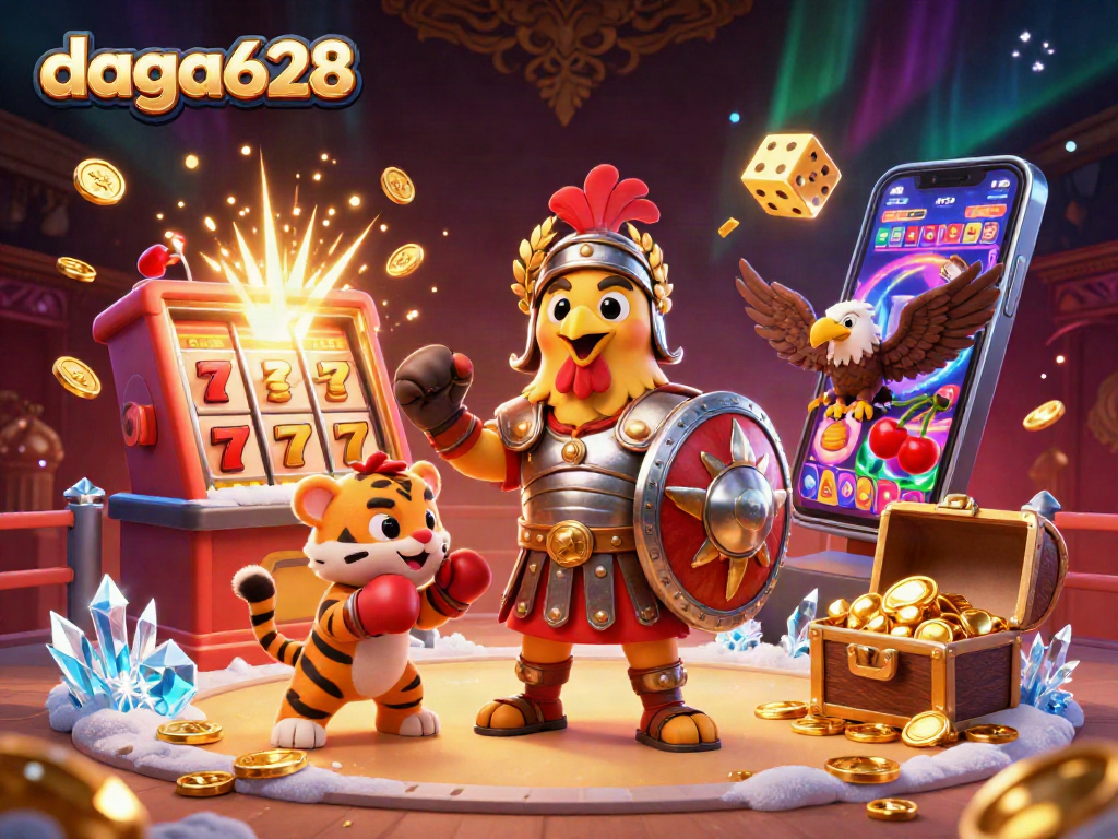Experience the thrill of daga628 with an energetic cockfighting scene and jackpot symbols.