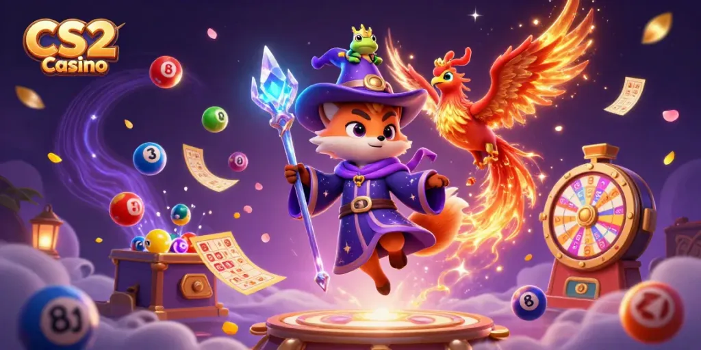 Experience the excitement of CS2 Casino with a vibrant 3D scene featuring mystical characters and lottery elements.