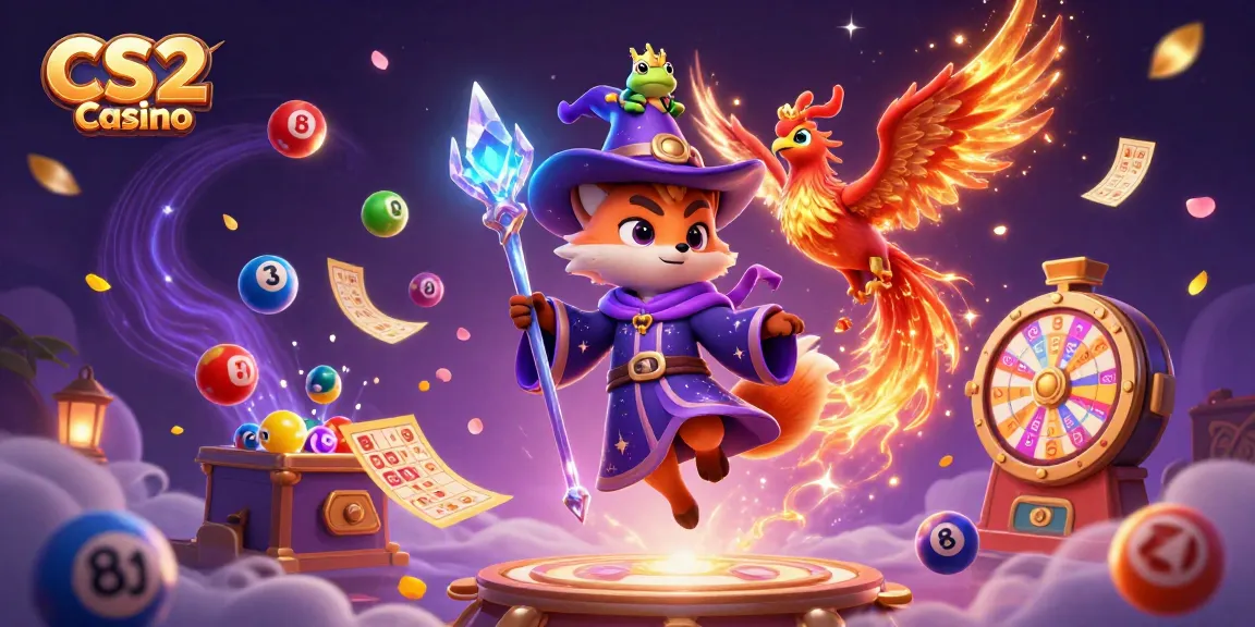 Experience the excitement of CS2 Casino with a vibrant 3D scene featuring mystical characters and lottery elements.