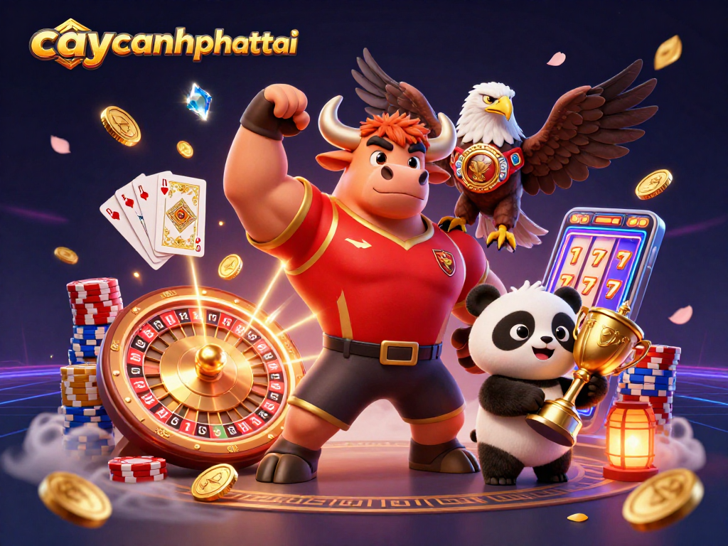 Spin and win in caycanhphattai with dynamic characters celebrating with cascading coins and vibrant casino elements.