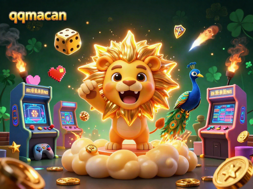 Explore the exciting world of qqmacan with dynamic casino elements, glowing game machines, and vibrant characters.