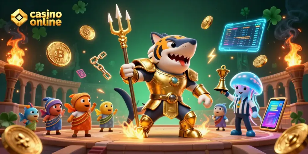 Mainkan casino online dengan ilustrasi hiu kartun ganas mengenakan armor gladiator emas di koloseum bawah laut.