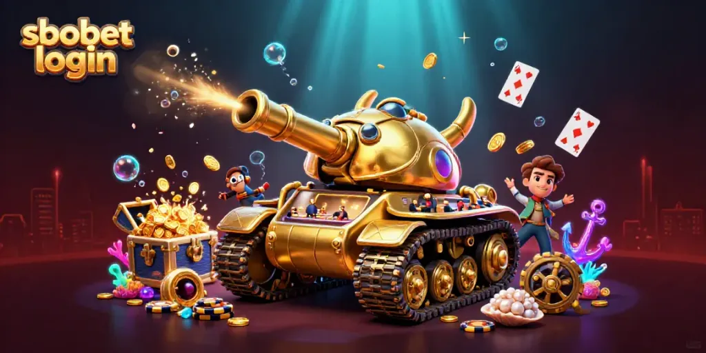 Experience the vibrant sbobet login scene with a miniature casino in a golden beetle tank bursting with excitement and treasures.