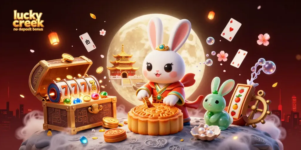 Engage with the exciting lucky creek no deposit bonus through this vibrant illustration with casino elements.