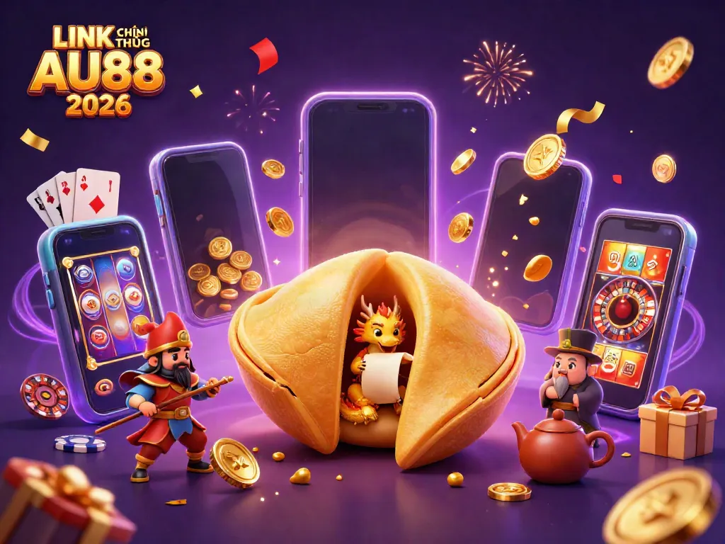 Engage with LINK CHÍNH THỨC AU88 2026 through this vibrant 3D illustration showcasing a golden fortune cookie and dragon amidst casino gaming elements.
