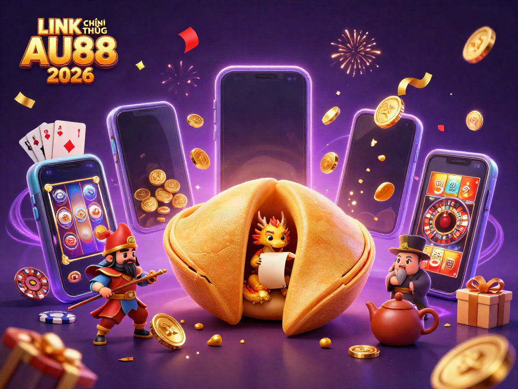 Engage with LINK CHÍNH THỨC AU88 2026 through this vibrant 3D illustration showcasing a golden fortune cookie and dragon amidst casino gaming elements.