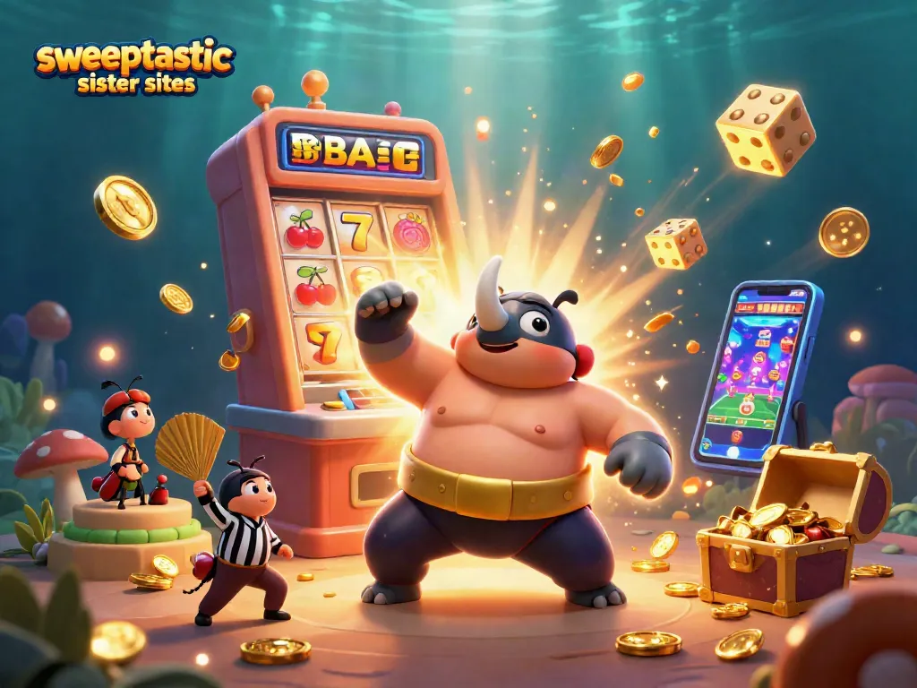 Engage with the vibrant scene showcasing Sweeptastic sister sites, featuring casino elements and characters amidst a jackpot explosion.