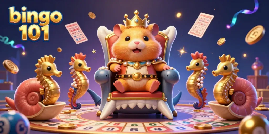 Bermain bingo 101 di aplikasi dengan raja hamster emas dan elemen bingo yang hidup.