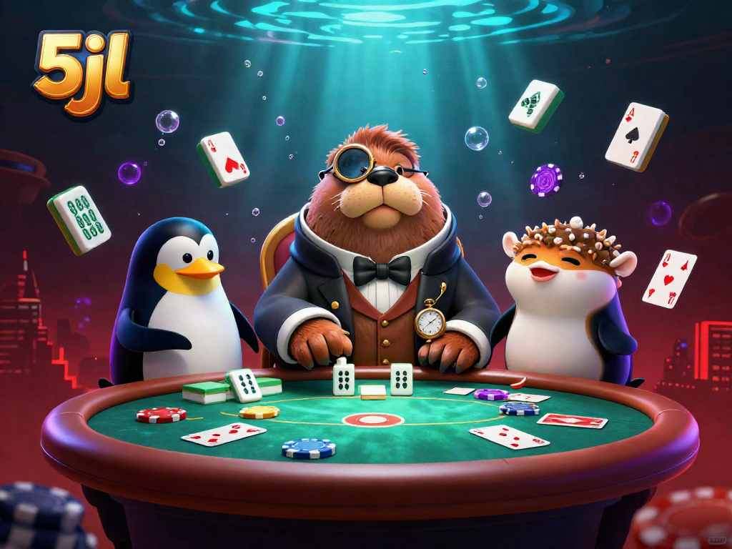 Experience the thrill of 5jl poker with cartoon walrus and penguin dealer in a vibrant underwater scene.