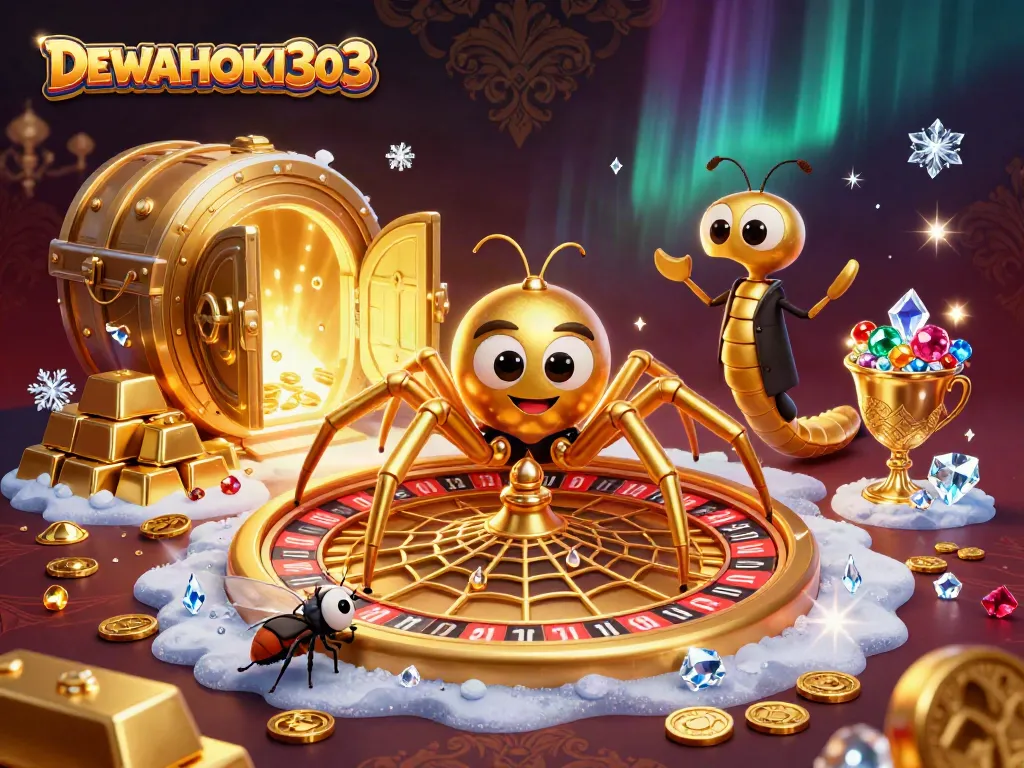 DEWAHOKI303 mempersembahkan ilustrasi kasino 3D di mana laba-laba emas berputar dalam roda roulette.