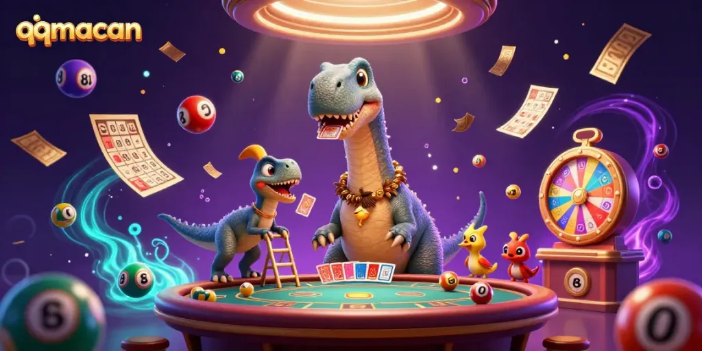 Experience gaming at qqmacan with a lively cartoon scene featuring a brontosaurus and dynamic casino elements.
