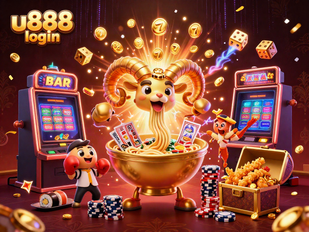 Join the excitement with u888 login, where a golden ramen bowl takes center stage in a vibrant 3D casino scene.