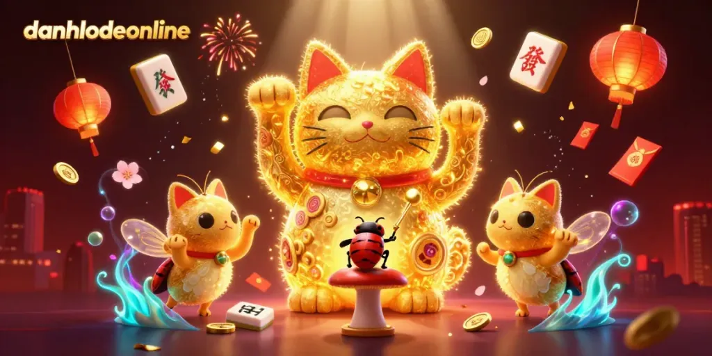 Experience the excitement of danhlodeonline with a vibrant illustration of a lucky cat and casino symbols in a dynamic casino scene.