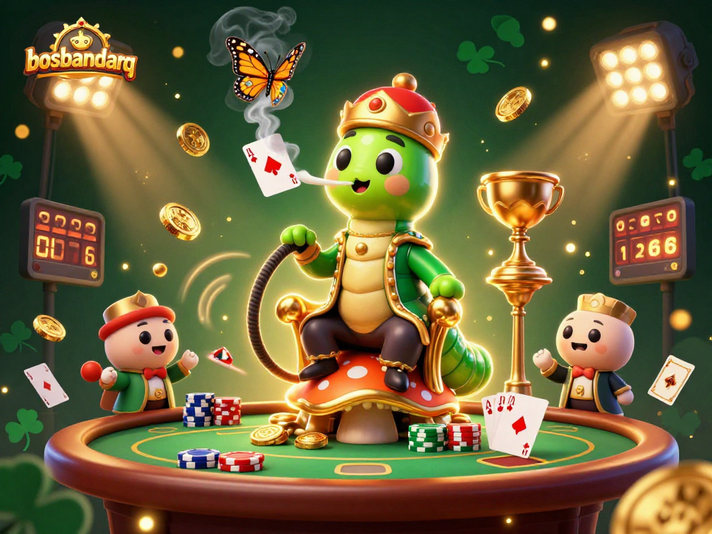 Experience thrilling poker action with bosbandarq's vibrant 3D caterpillar character amidst dynamic gaming elements.