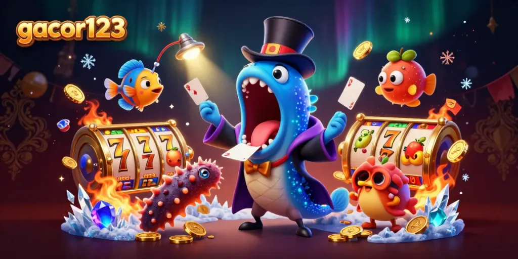 Engage with gacor123 in a vibrant, animated casino scene featuring magical sea creatures and dynamic gaming elements.