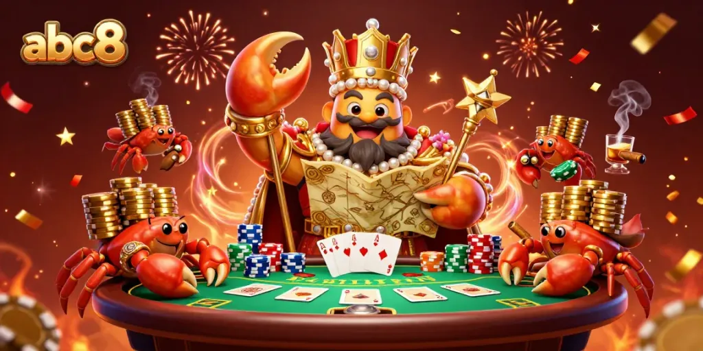 Experience exhilarating gameplay at abc8 with a lavish casino scene featuring a golden crab emperor surrounded by vibrant gaming elements.
