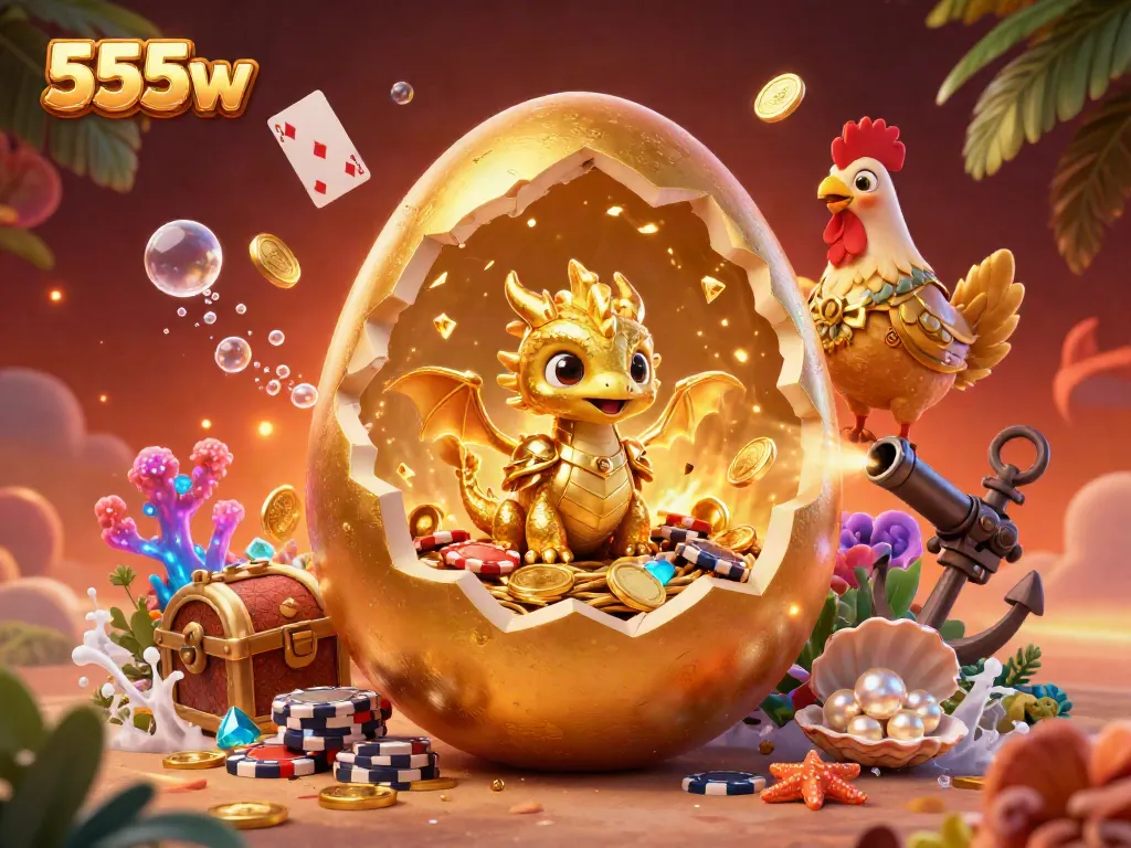 Experience the excitement at 555w with a golden dragon and poker chips in a 3D casino adventure.