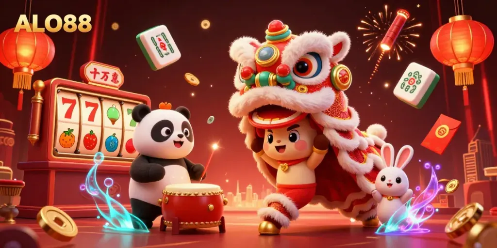 Experience the vibrant ALO88 casino scene with dynamic elements like slot reels, lion dance characters, and festive decorations.