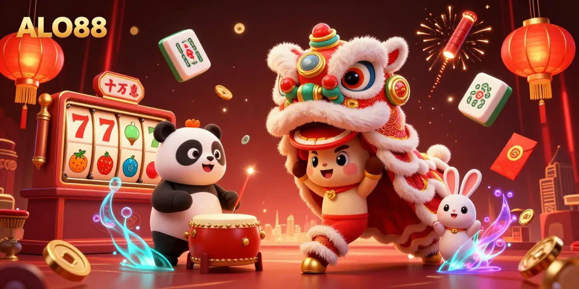 Experience the vibrant ALO88 casino scene with dynamic elements like slot reels, lion dance characters, and festive decorations.