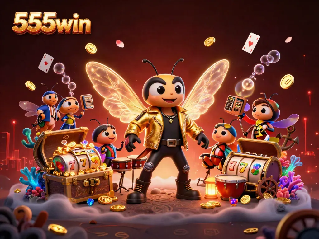 Experience the thrill of 555win with engaging characters and dynamic casino elements in an exciting illustration.