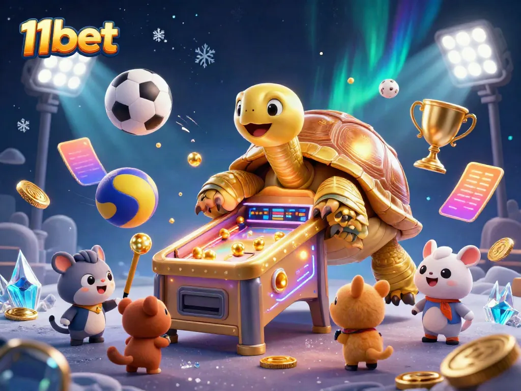 Engage with the 11bet casino experience featuring a dynamic illustration of a colossal golden tortoise and exciting sports betting elements.