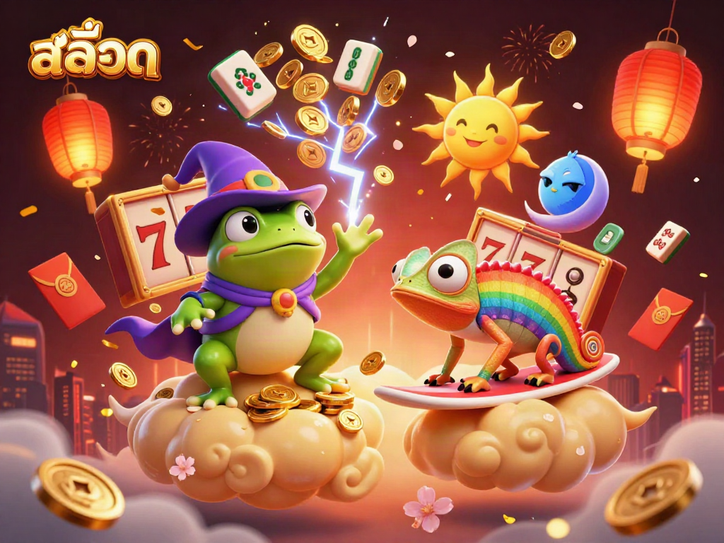 Experience the excitement of สล็อต with a whimsical scene featuring a wizard frog, chameleon, and golden coin storm.