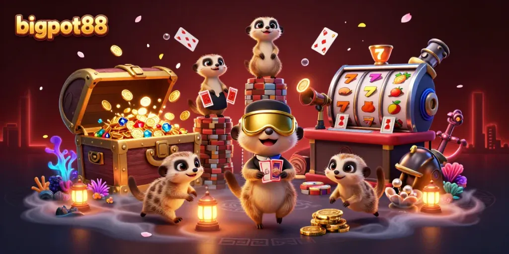 Bigpot88 menawarkan pengalaman slot yang mendebarkan dengan meerkat yang mengelola kasino yang penuh warna.