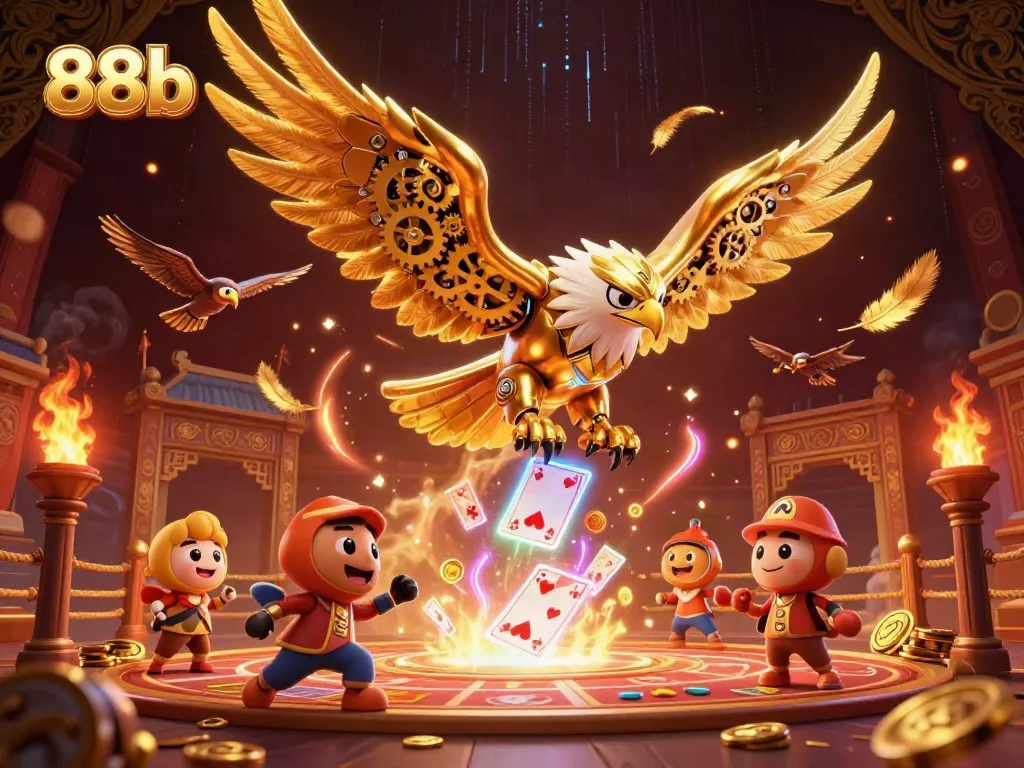 Experience thrilling gameplay at 88b with dynamic holographic playing cards and a cybernetic eagle.