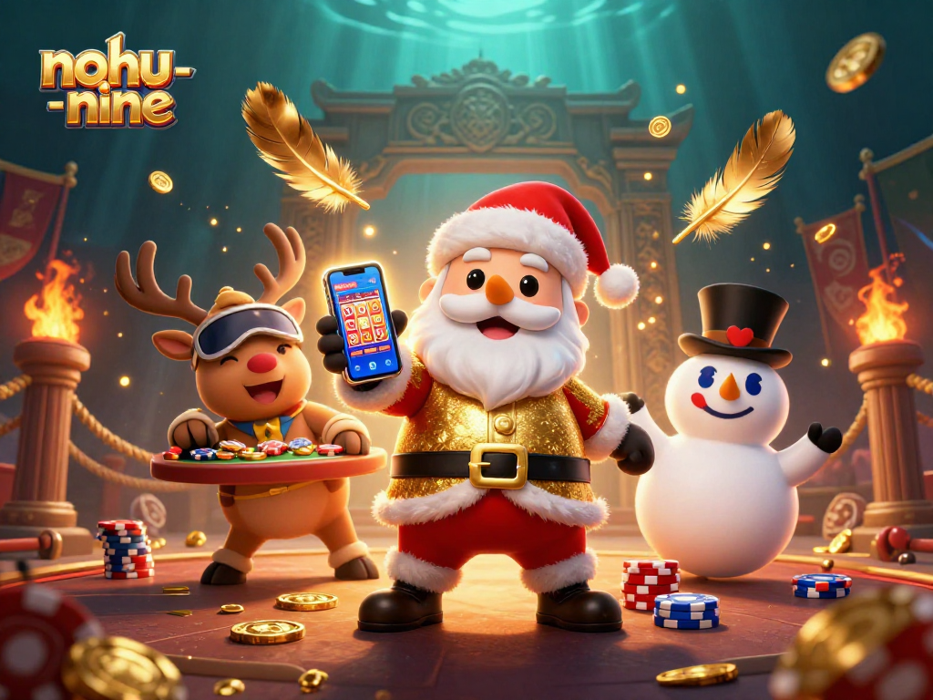 Experience the thrilling nohu-nine game with a vibrant scene featuring Santa, a reindeer dealer, and a poker chip snowman.