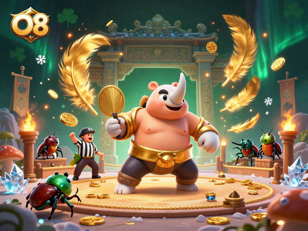 Experience thrilling gameplay at O8 with vibrant characters and golden coins flying in a dynamic scene.