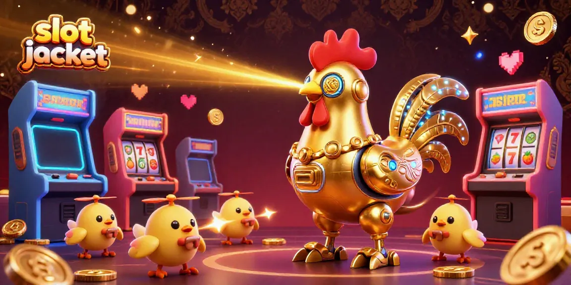 Experience the excitement of slot jackpot with the golden rooster robot and arcade machines in a vibrant casino scene.