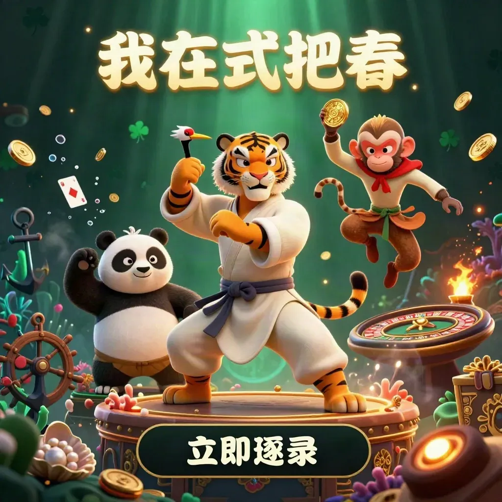 Tiger, panda, and monkey in a glowing underwater treasure cove with casino symbols and gold light