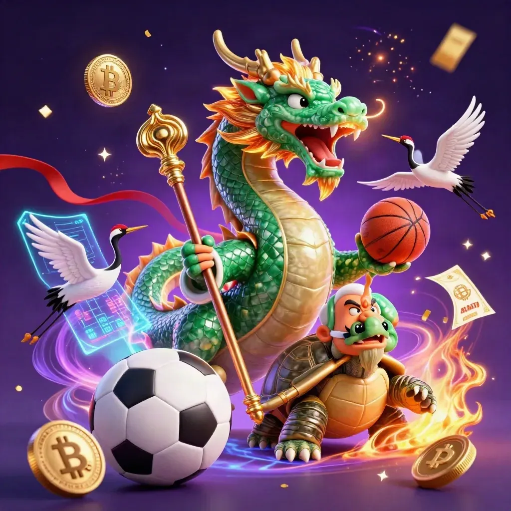 Emerald dragon, turtle sage, and cranes amid casino-style sports coins, sparks, and fireworks on a dark starfield.