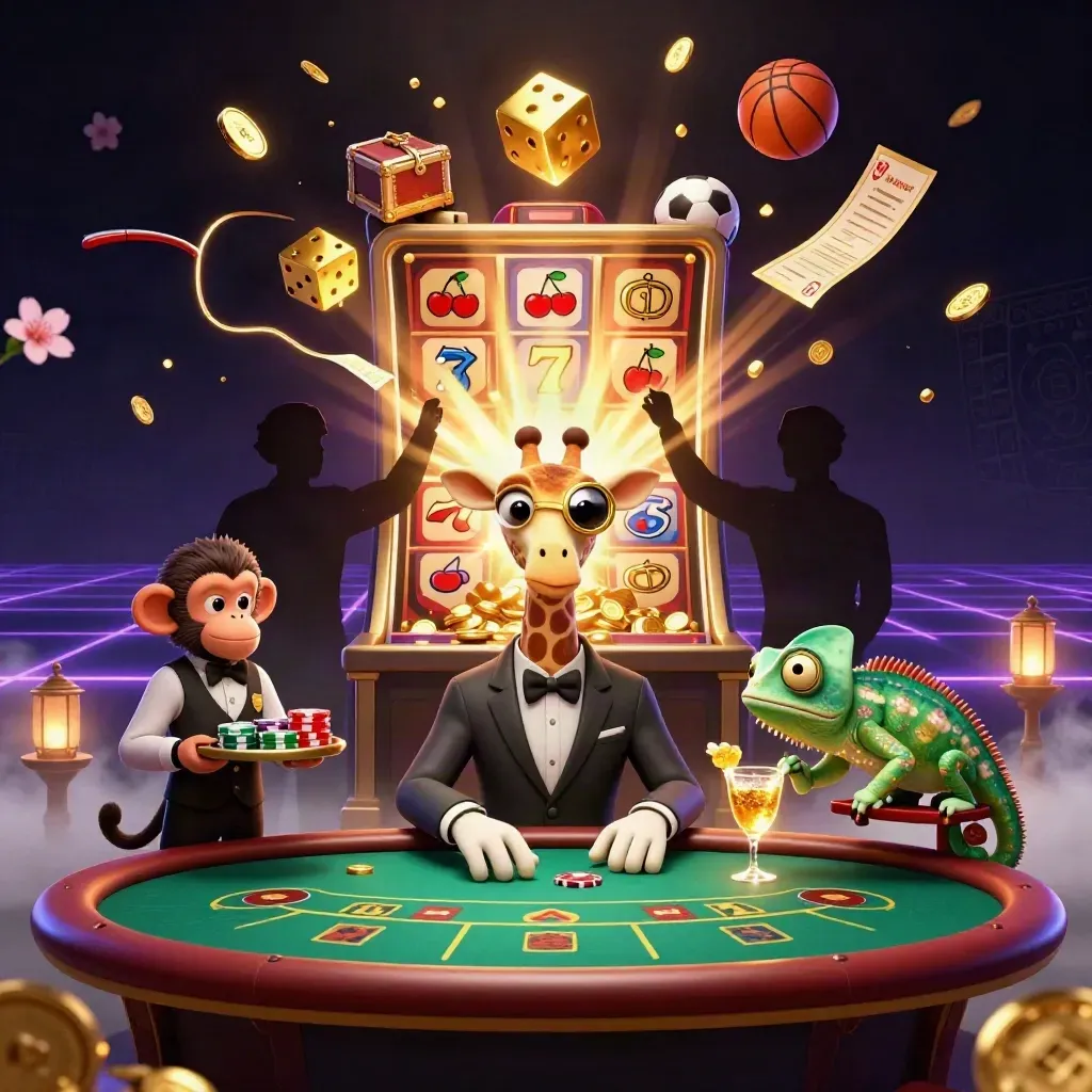 Giraffe, monkey, and chameleon amid exploding casino symbols, coins, and sports balls in neon luxury.