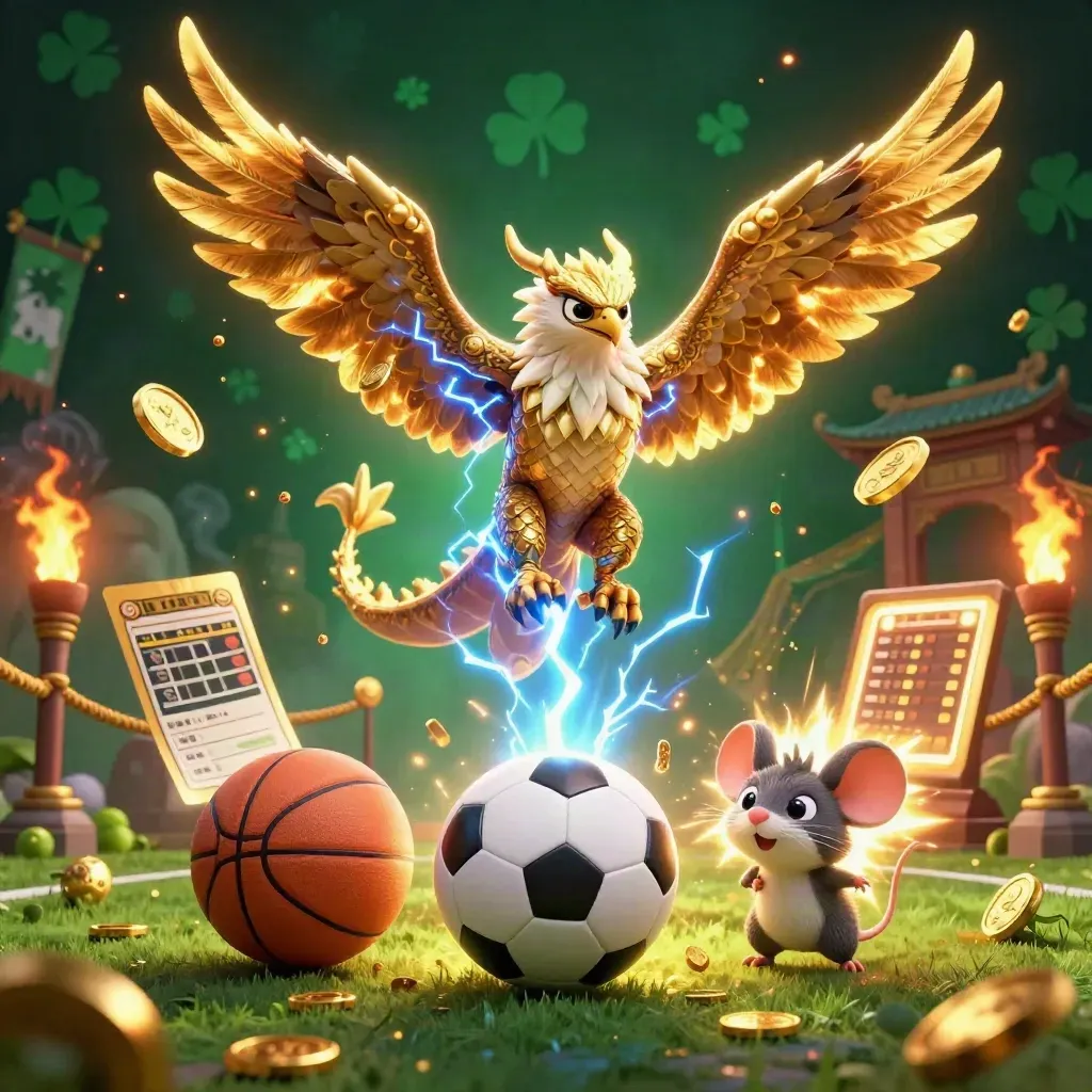 Lightning dragon, winged hawk, and static mouse amid sports gear, gold coins, and emerald casino glow.