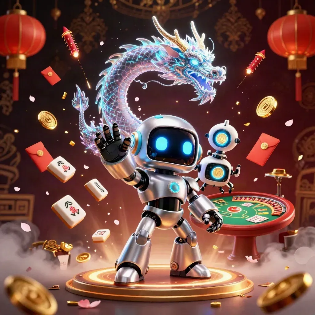 Chrome robot, holographic dragon, and coin drone amid casino treasure, lanterns, mahjong, and gold glow.