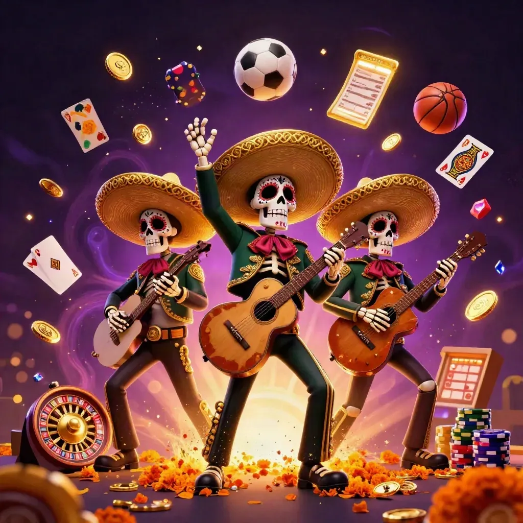 Skeleton mariachi trio amid casino coins, roulette, cards, chips, and glowing sports props.